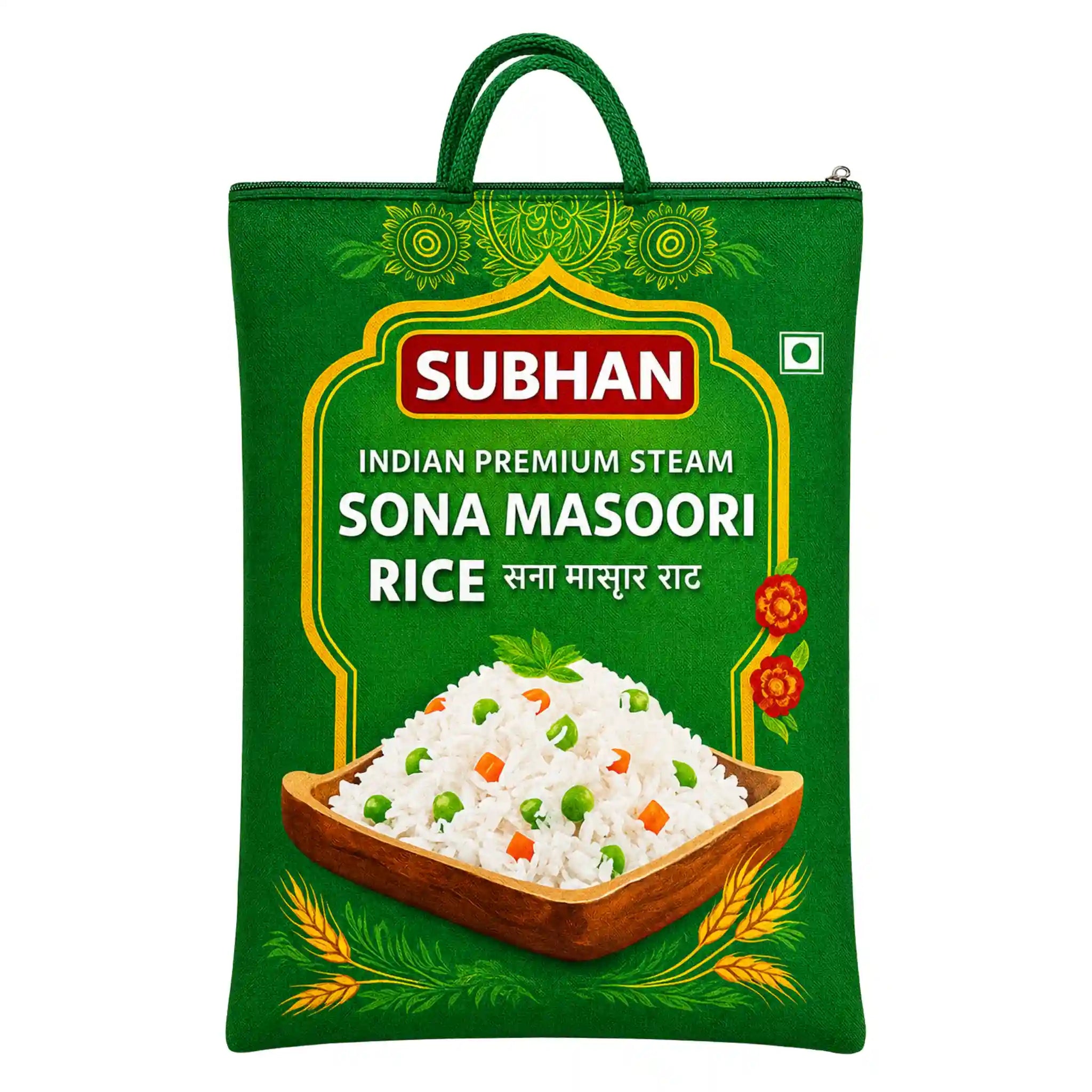 En 5kg säck med Subhan Sona Masoori ris för indisk matlagning och curryrätter.