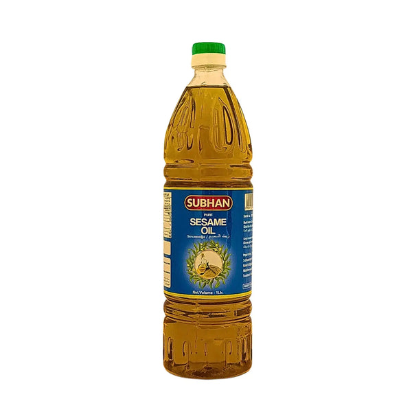 Sesamolja i plastflaska med blå etikett och grön kork, 1 liter.