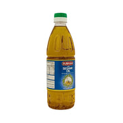 Flaska med Subhan sesamolja 500 ml, blå etikett och grön kork, vit bakgrund.