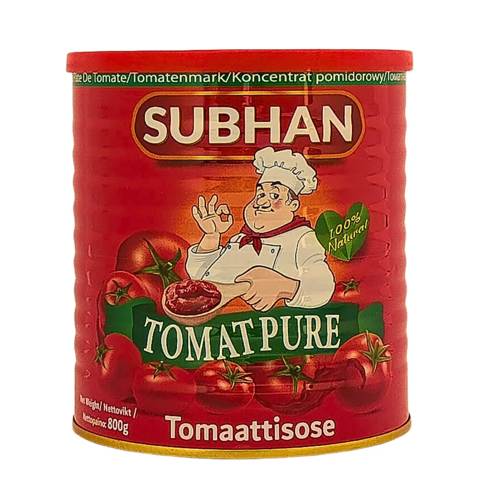 Burk med tomatpuré 800g, röd förpackning med illustration av kock och tomater, text 'Tomatpure'.