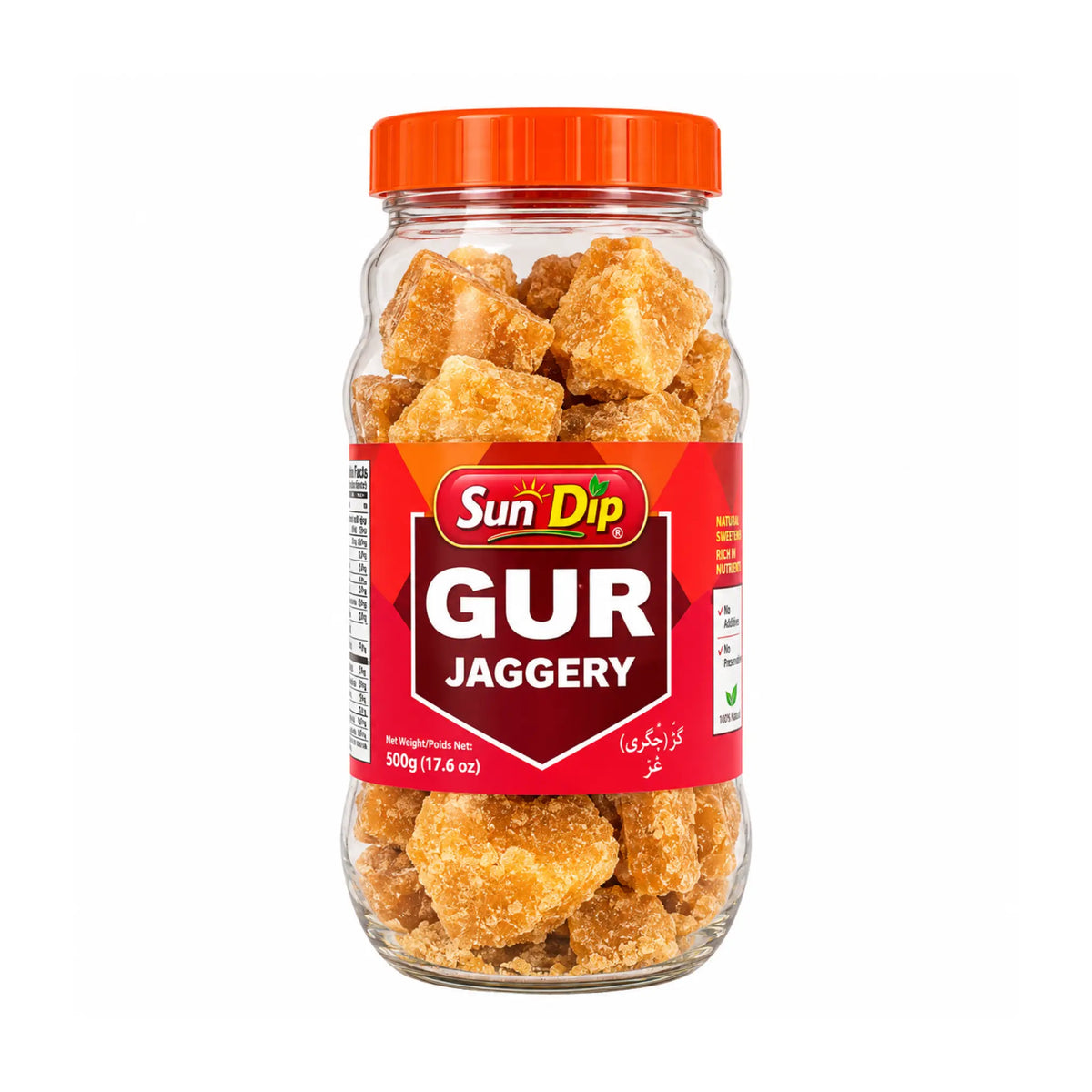 Burk med SunDip gur-jaggery, orange lock och sockerbitar i glas