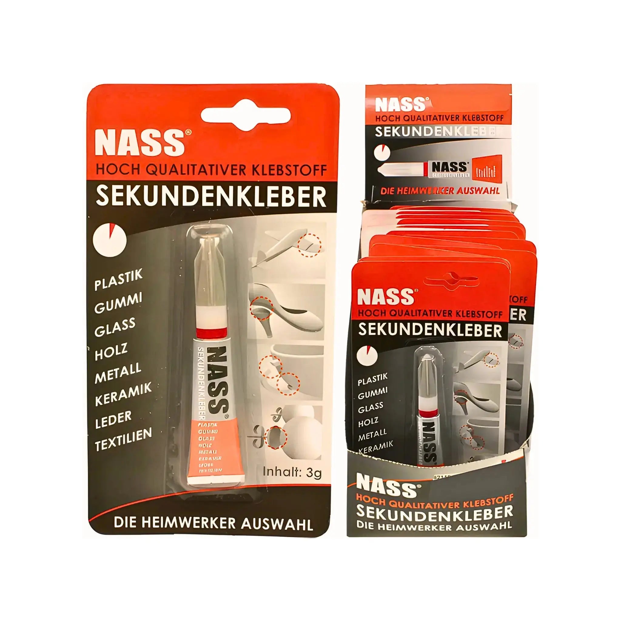 Sekundlim NASS 3g i förpackning, universallim för plast, gummi, glas, trä, metall och keramik