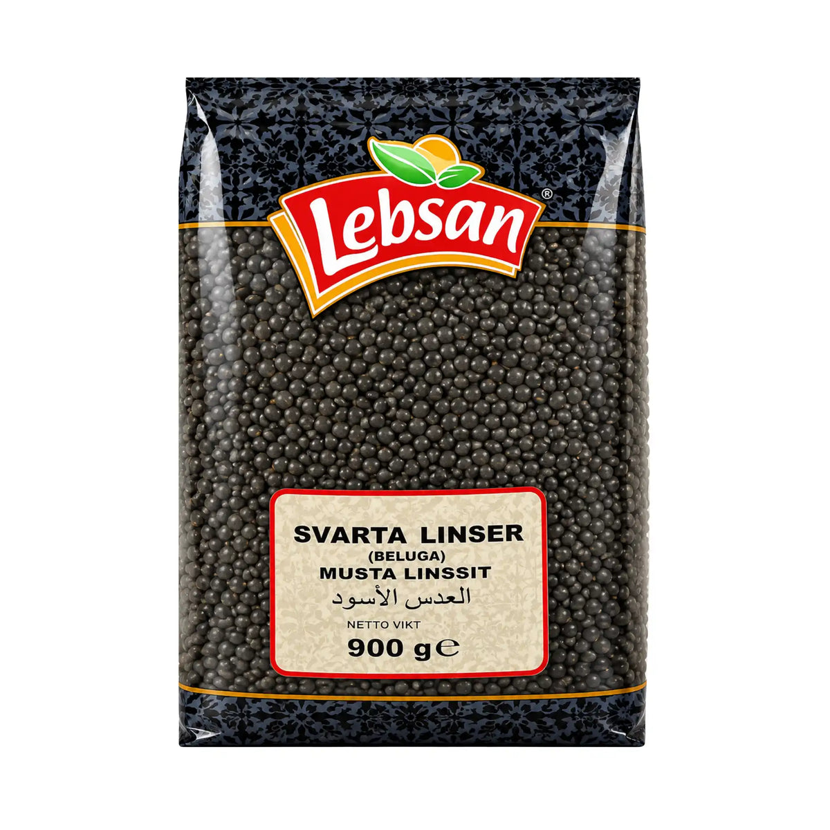 Påse med Lebsan Svarta Linser 900g, torkade belugalinser på Shirdell.se.