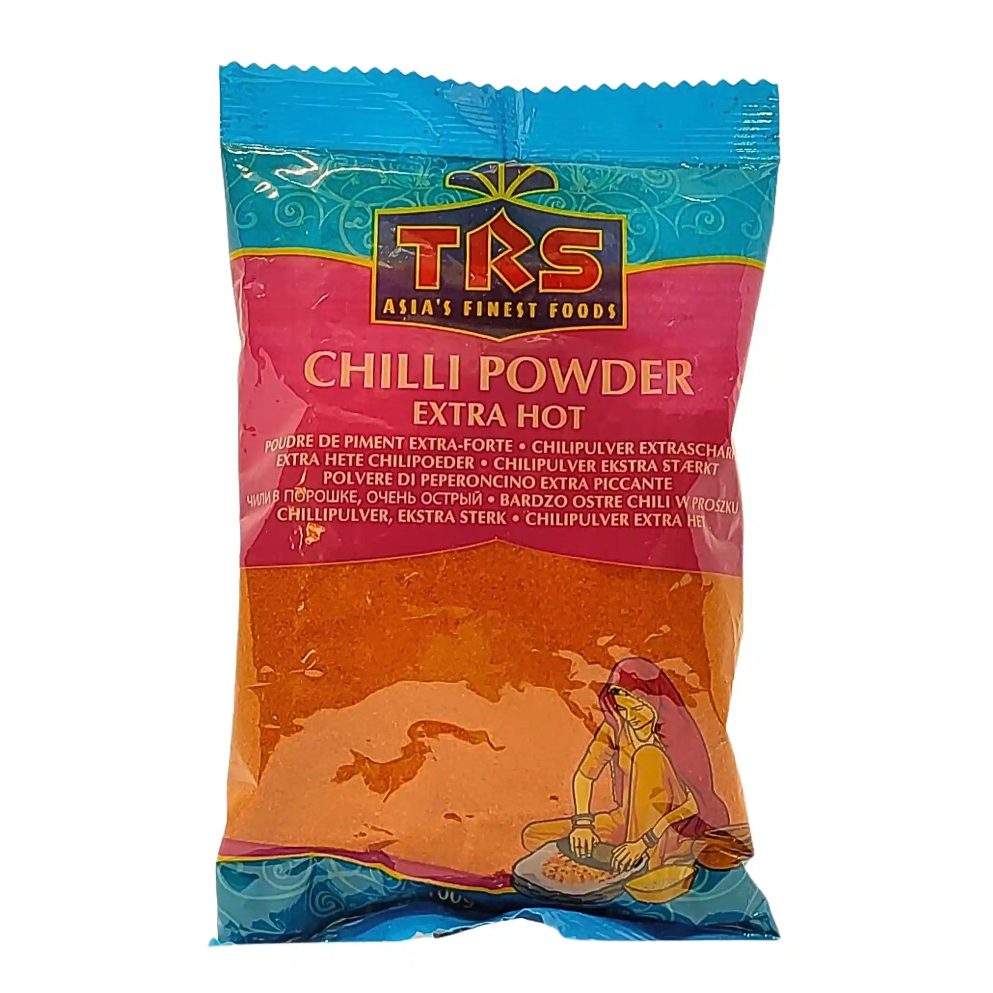 TRS extra starkt chilipulver 100g, orientaliskt krydda i färgglad förpackning.