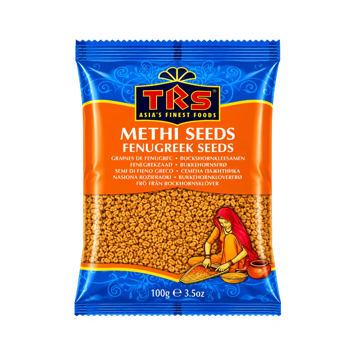 TRS methi-fenegreekfrön i blå förpackning, 100 g