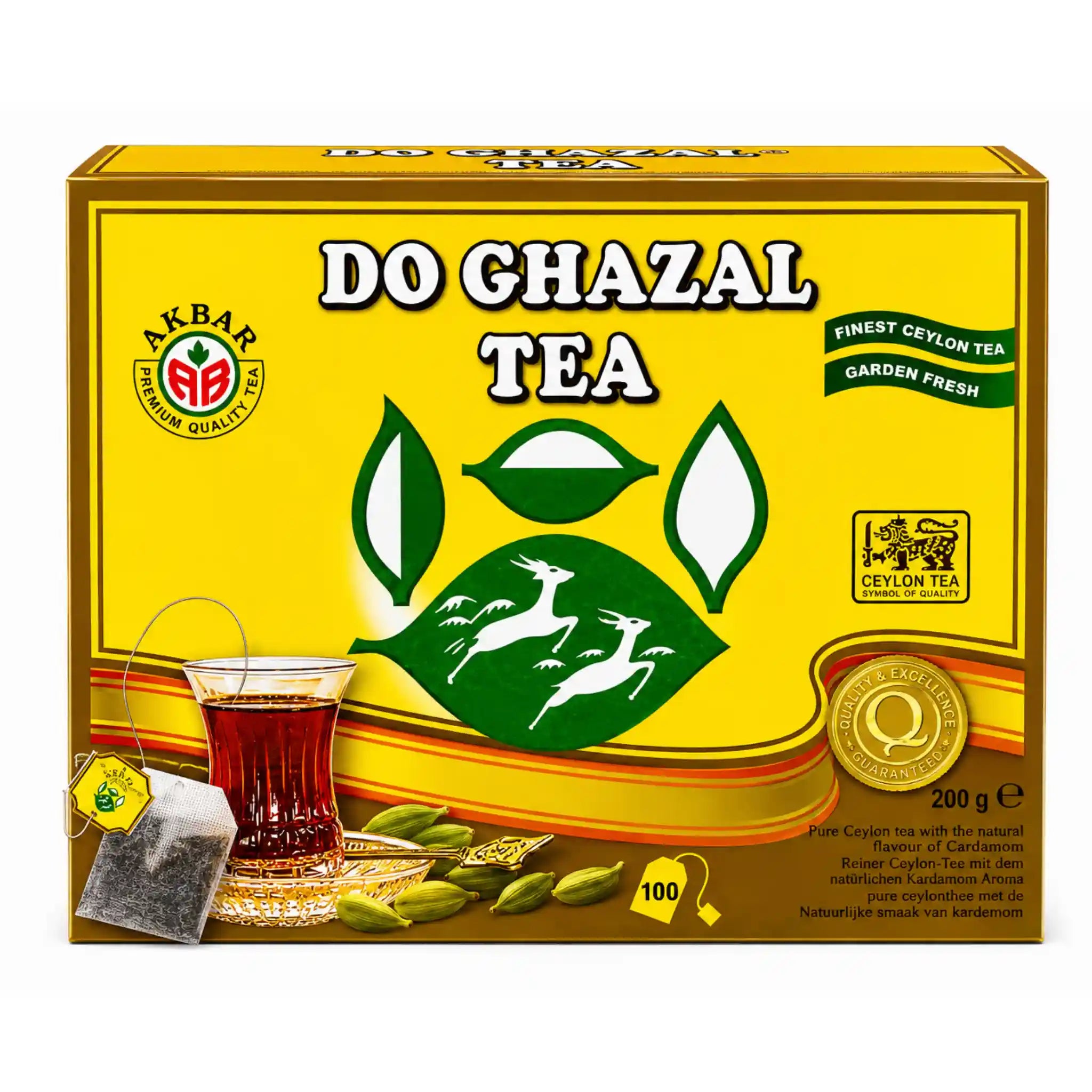 Te-box DO GHAZAL TEA, gul förpackning med kopp och 200 g-märkning