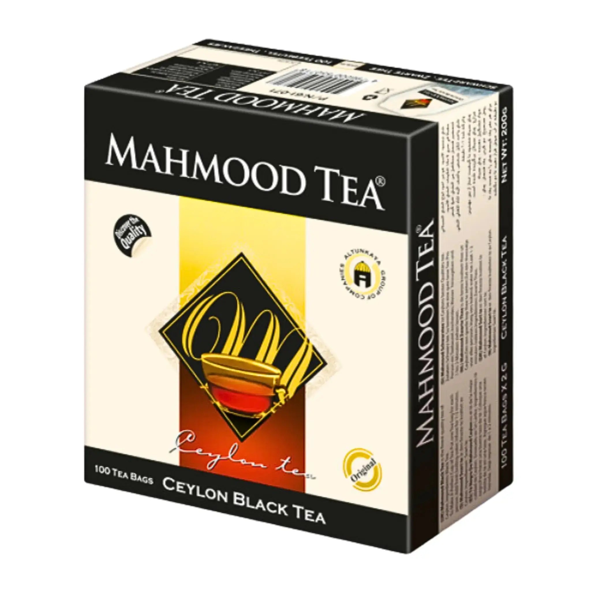 Mahmood Tea paket med 100 påsar Ceylon svart te, svart och gul design.