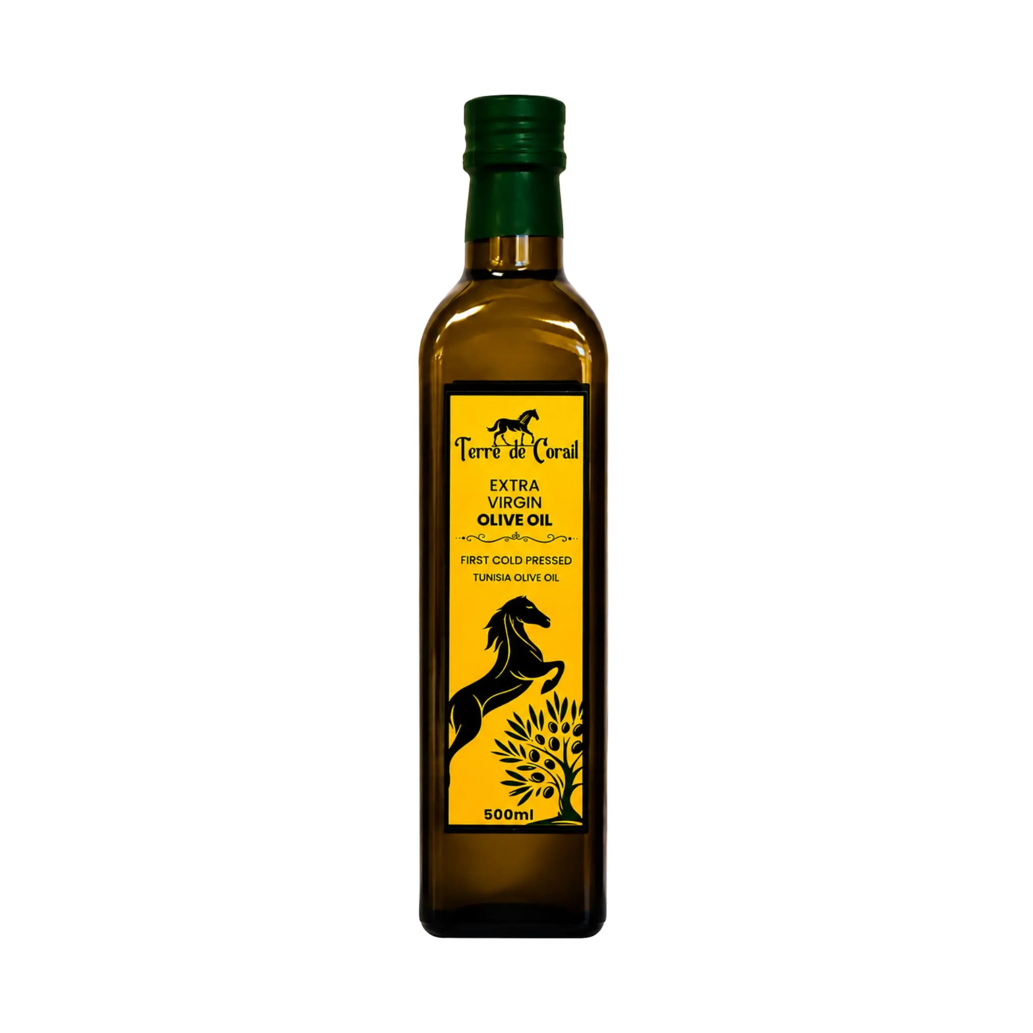 Flaska extra virgin olivolja Terre De Corial, 500 ml, med grön kork.