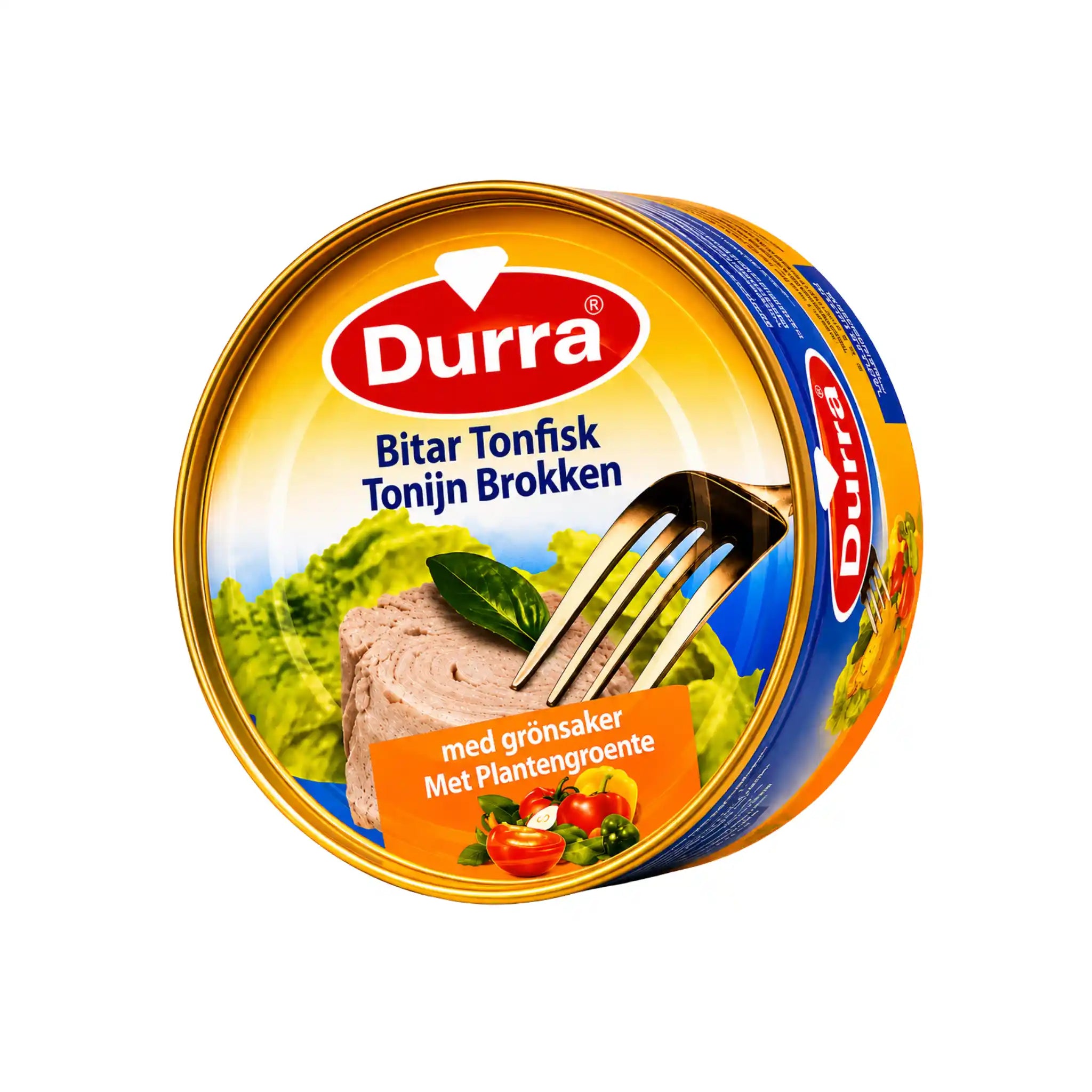 Tonfiskburk i olja med Durra-etikett, bitar tonfisk och tomat/ört