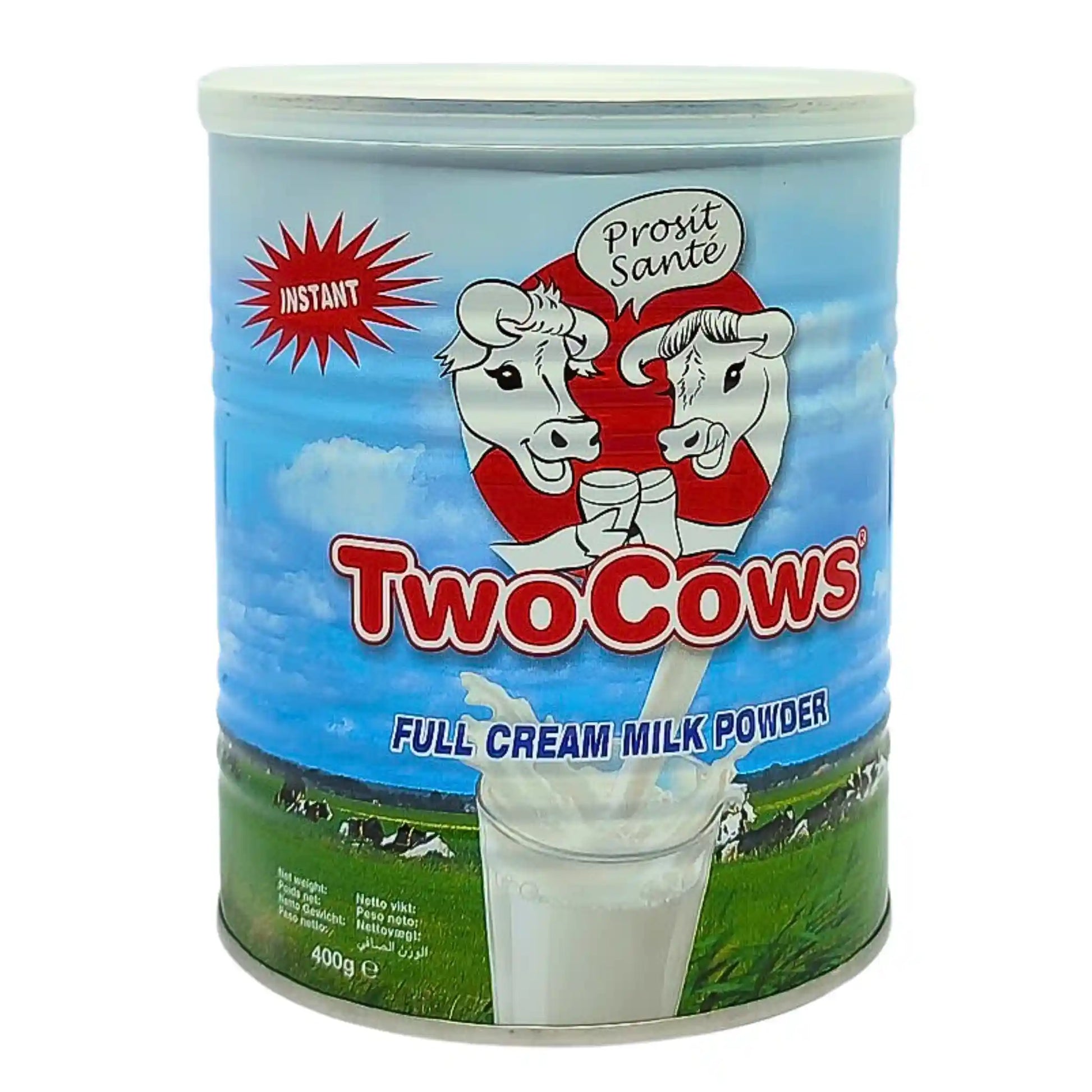 Burk med Two Cows mjölkpulver 400g, blå bakgrund, koillustrationer, grön äng