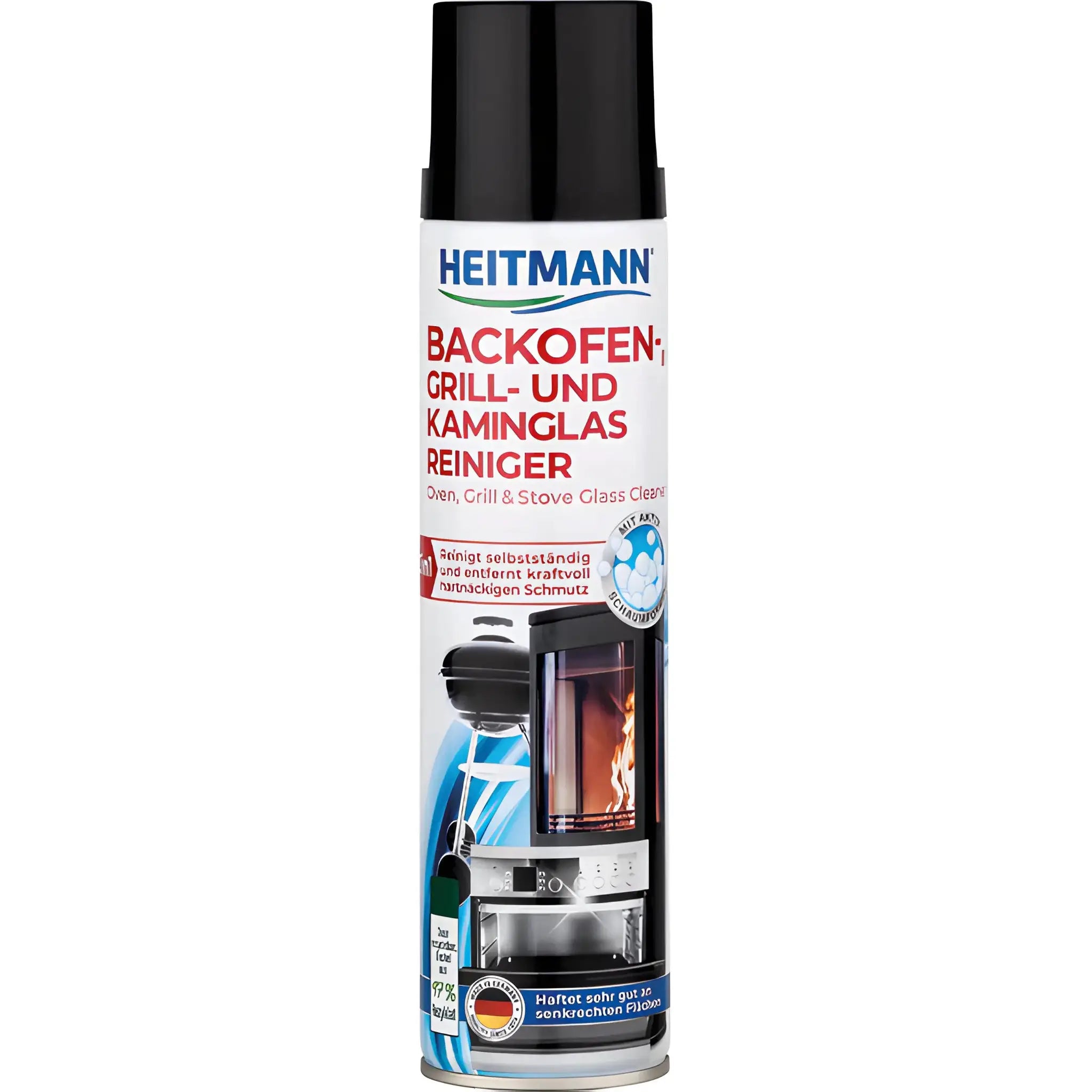 Sprayflaska med ugns-, grill- och kaminrengöring, tydlig etikett med text och bilder.