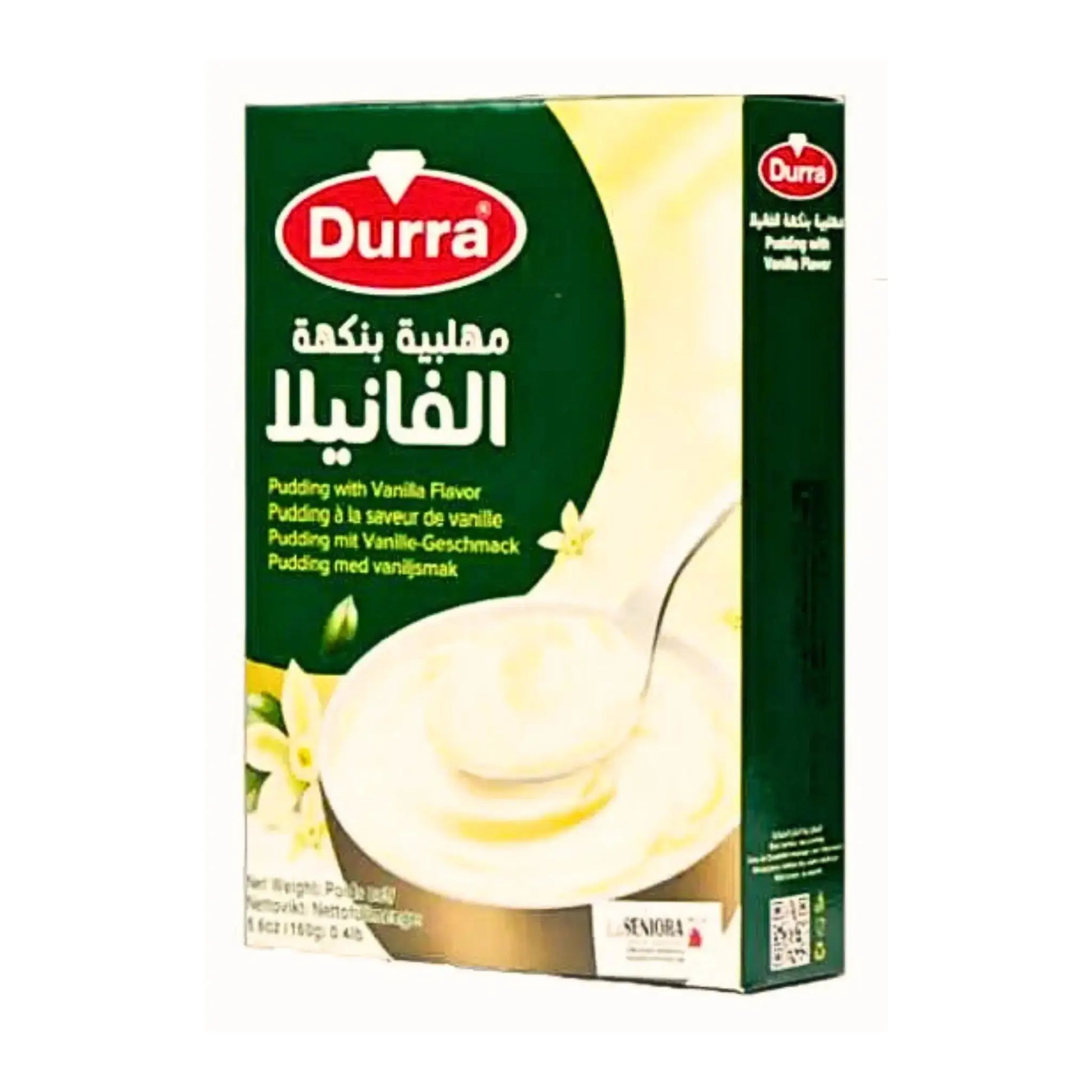 Durra vaniljpudding pulver, grönt paket, arabiska och engelska texter, vaniljblommor