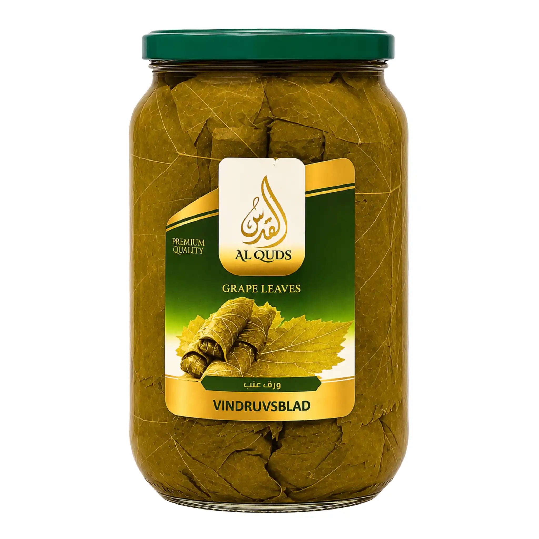 Vindruvsblad i glasburk med grön lockring, etikett Al Quds; 1000 g