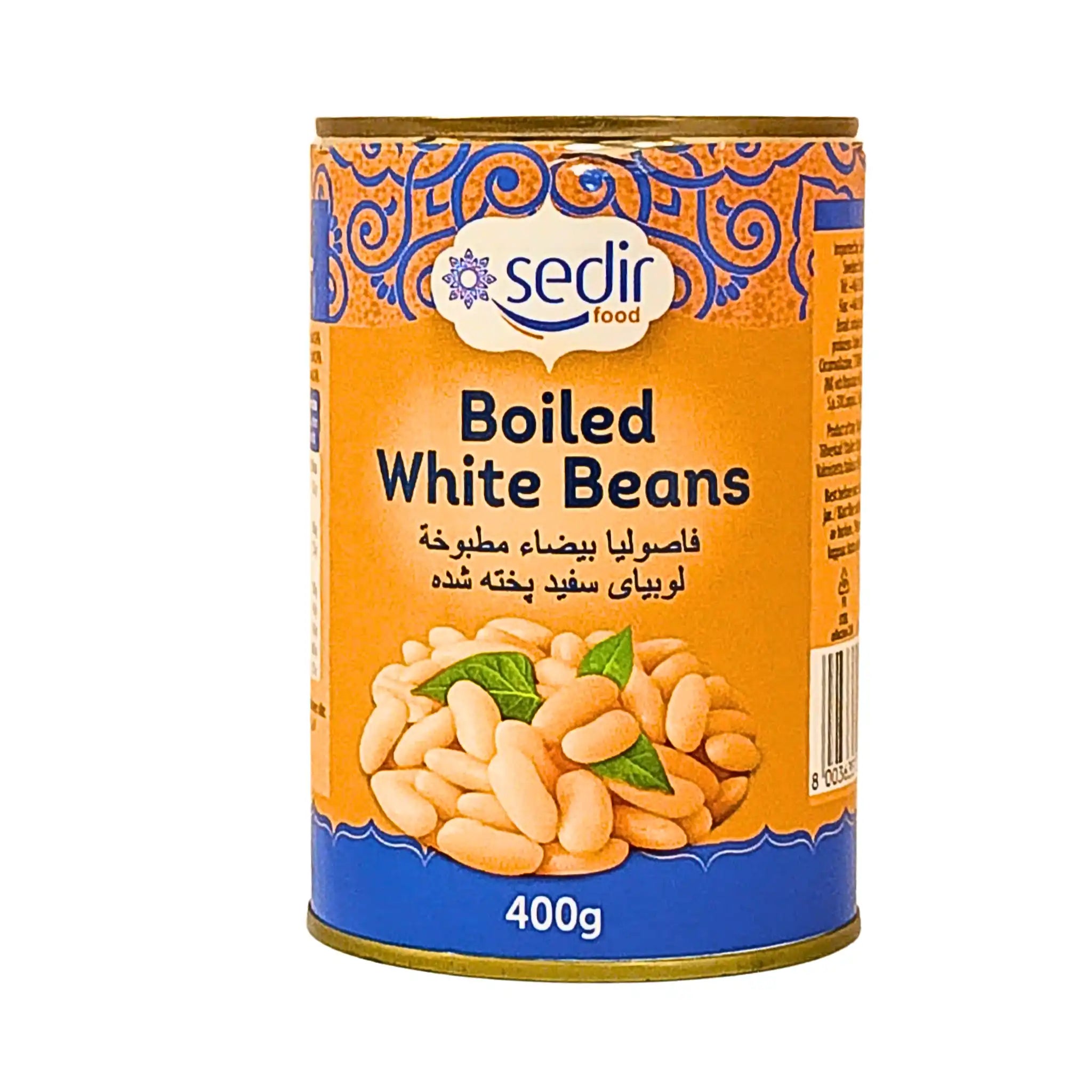 Konservburk med kokta vita bönor, orientalisk design, 400 gram.