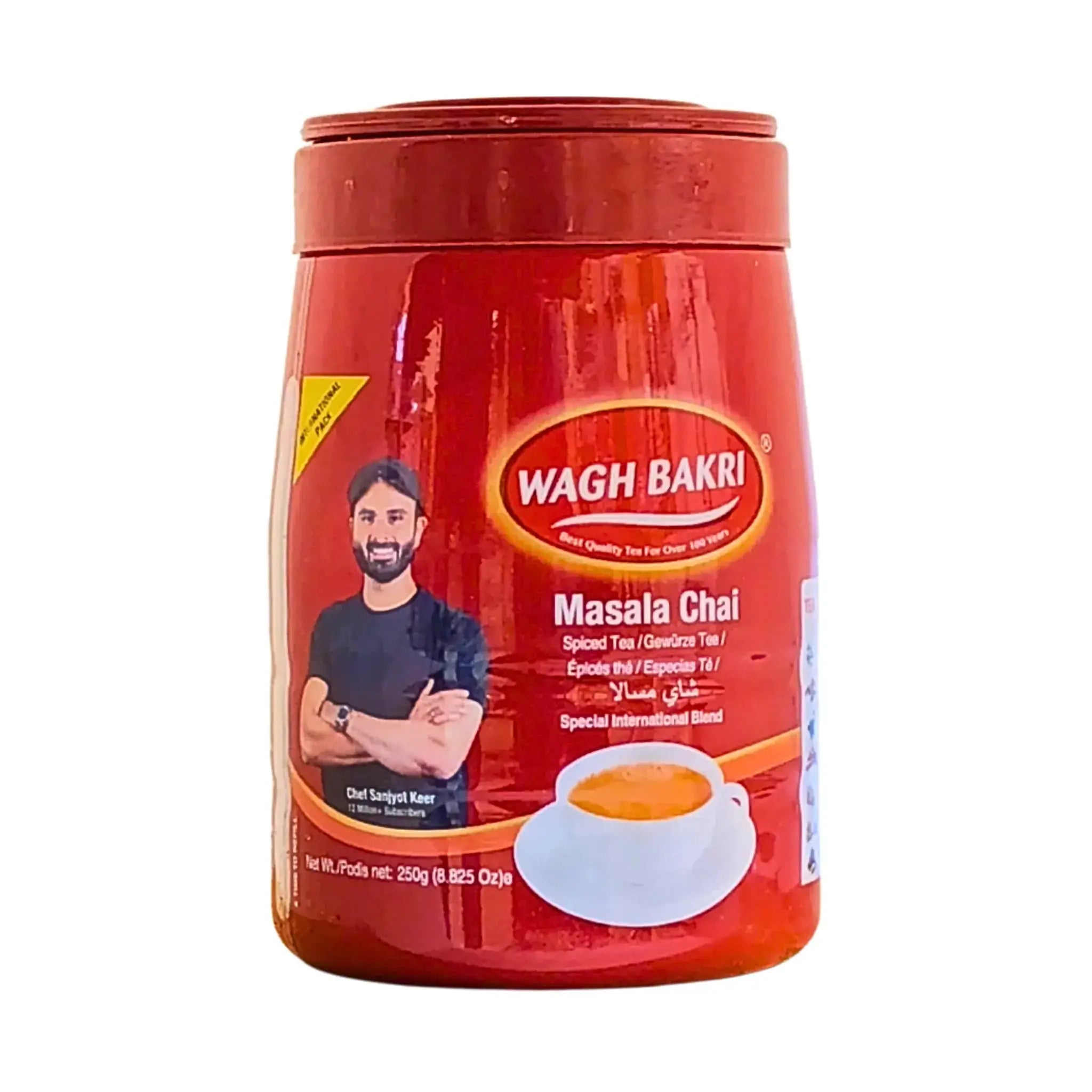 Wagh Bakri Masala Chai teburk 250g, indisk kryddig te med koppillustration