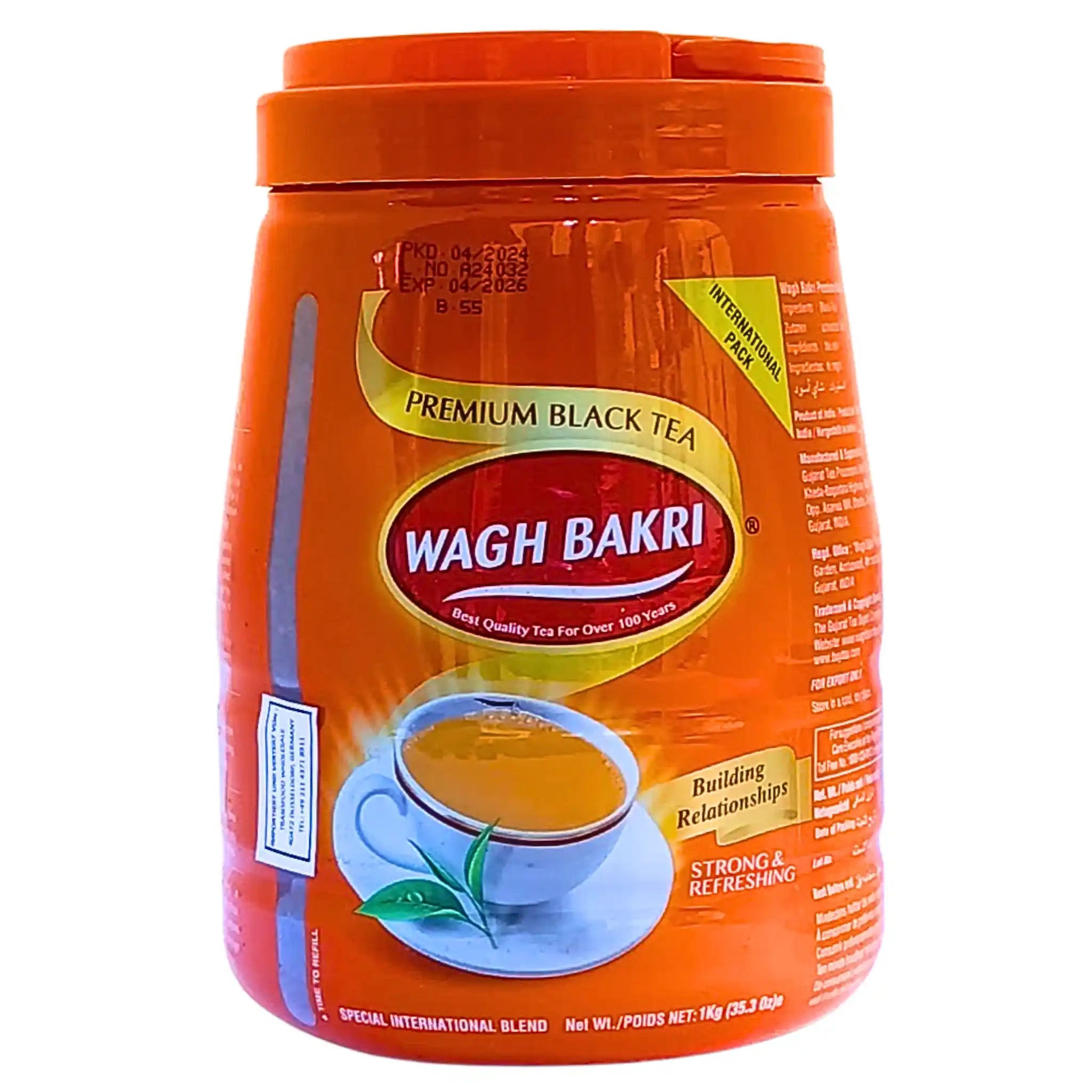 Wagh Bakri premium svart te 1 kg burk, orange förpackning med tekopp på etiketten