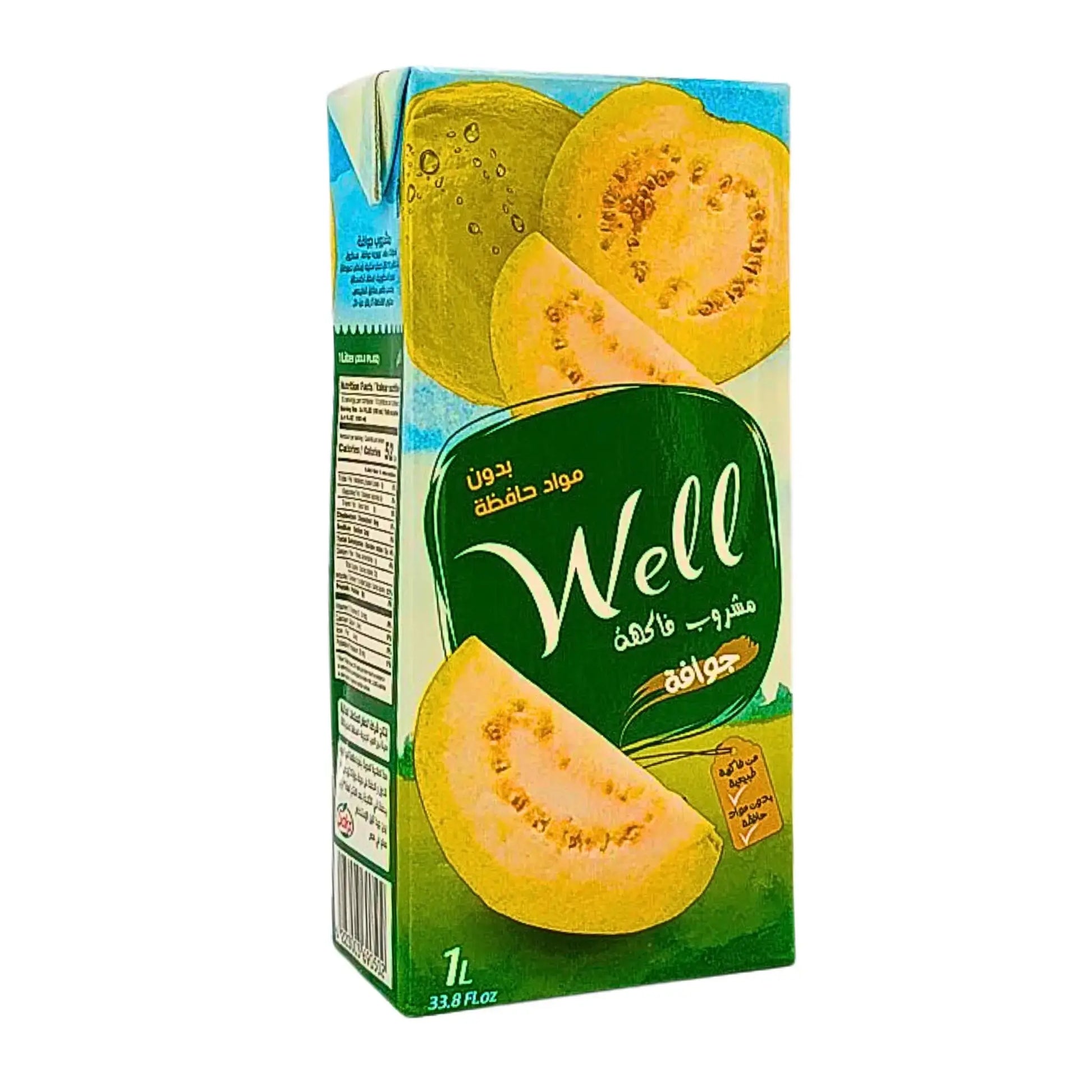 Guava dryck 1L med skivade guavabilder på förpackning, tropisk juice utan konserveringsmedel