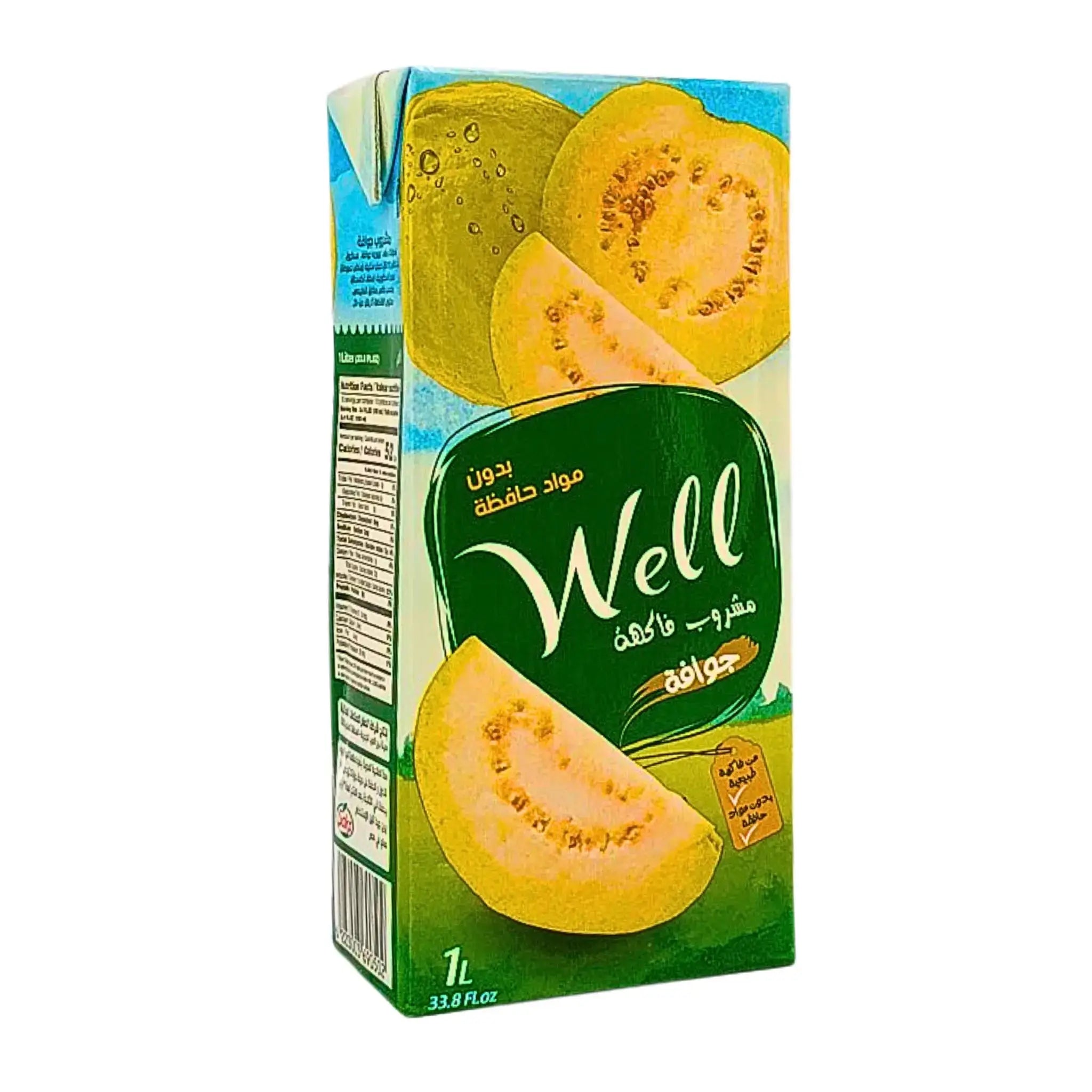 Guava dryck 1L med skivade guavabilder på förpackning, tropisk juice utan konserveringsmedel