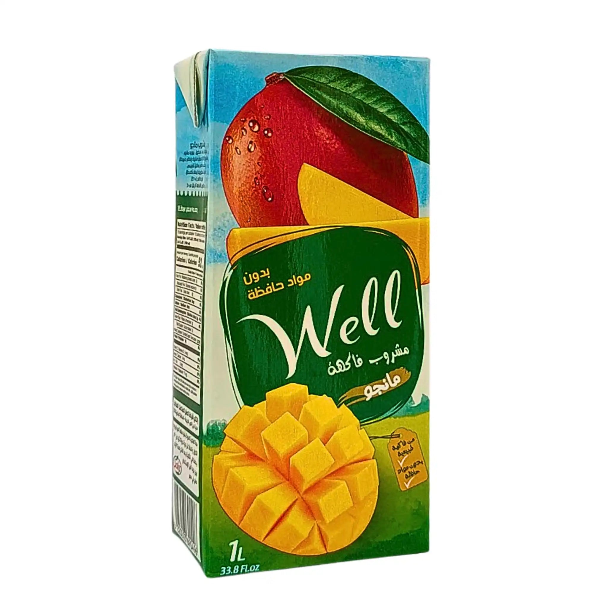Well mangodryck 1 liter förpackning med färsk mangoillustration och arabiska texter