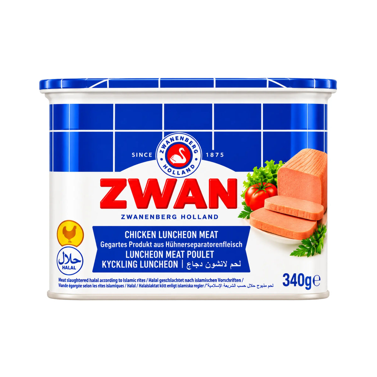 Zwan kycklingmortadella mild i blåvit förpackning, burk med etikett, 340 g