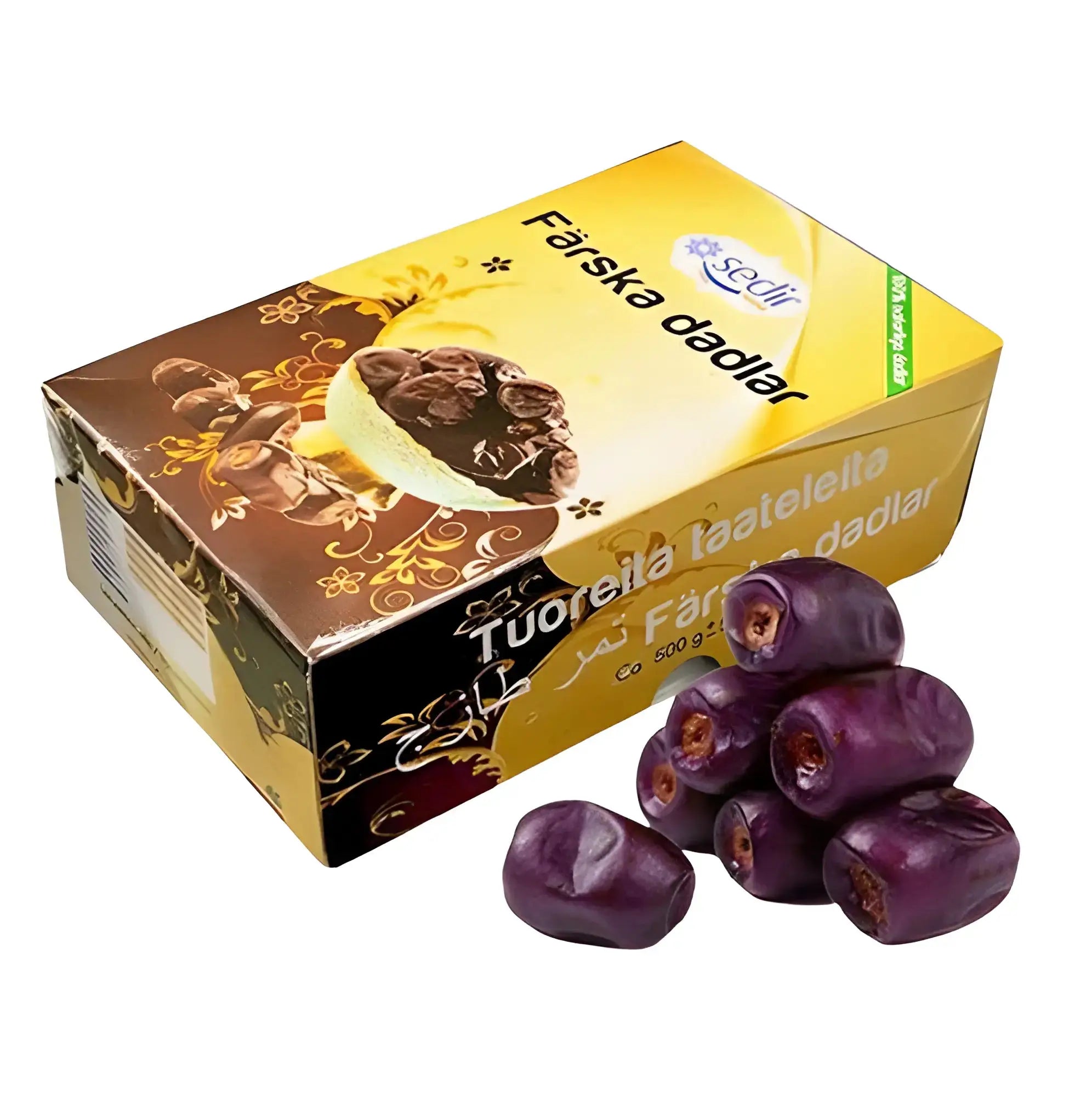 Färska iranska dadlar i gul Sedir-förpackning med flera hela dadlar bredvid lådan.