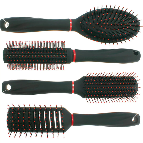 Fyra svarta hårborstar med röda borst, olika former för styling och utredning av hår.