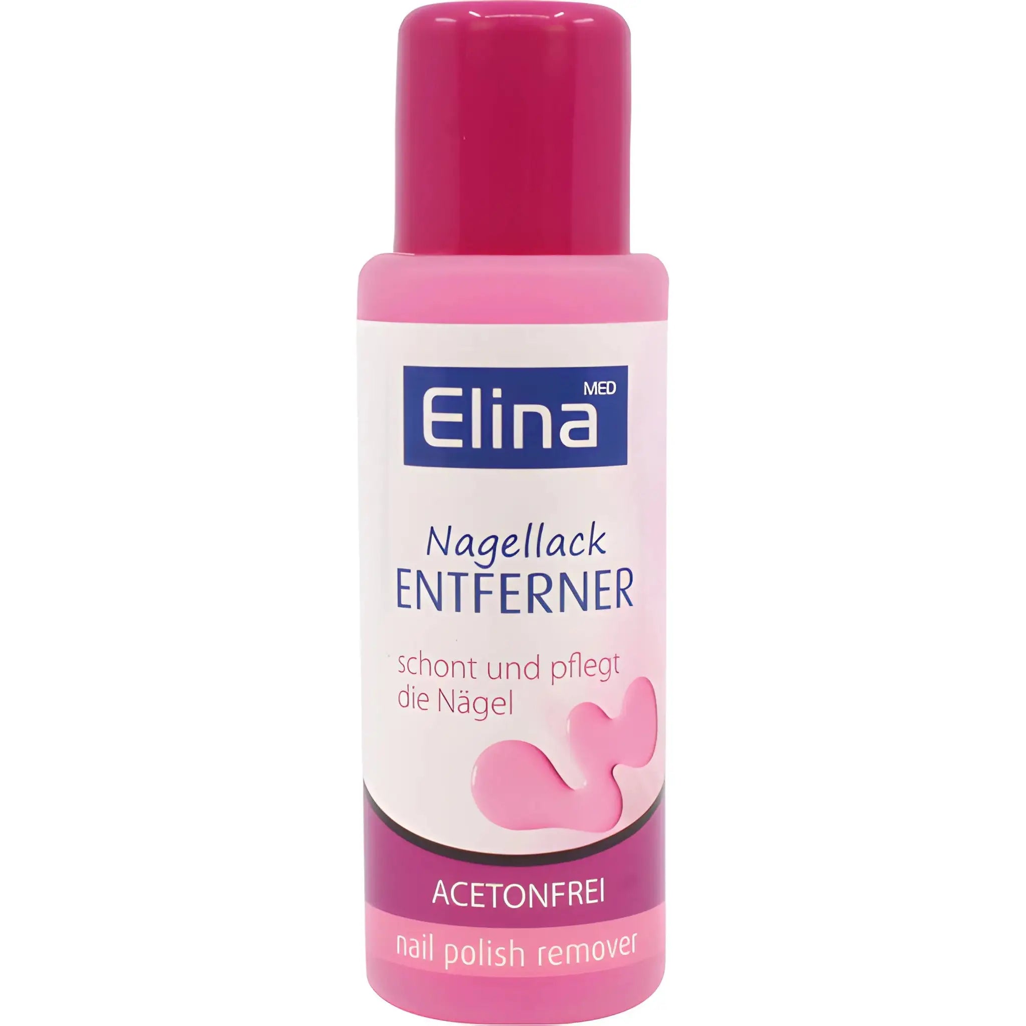 Acetonfri nagellacksborttagare i rosa flaska, synlig text och etikett.