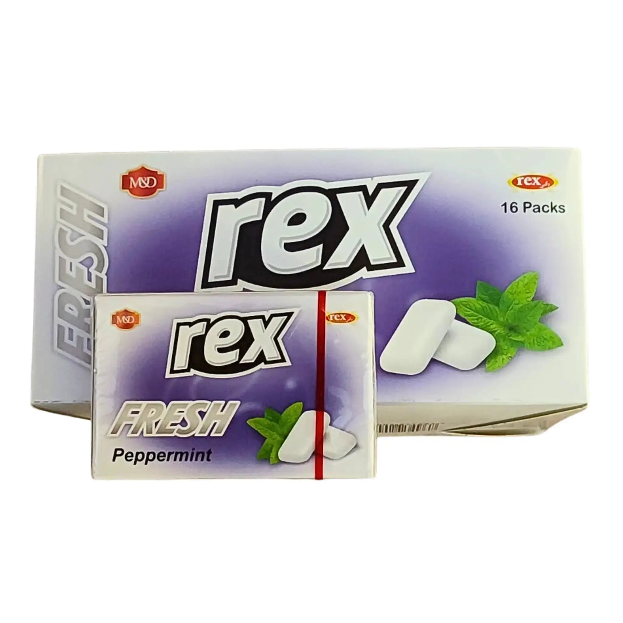 Rex FRESH tuggummi med pepparmint, förpackning och ask, vit och lila design, mynta