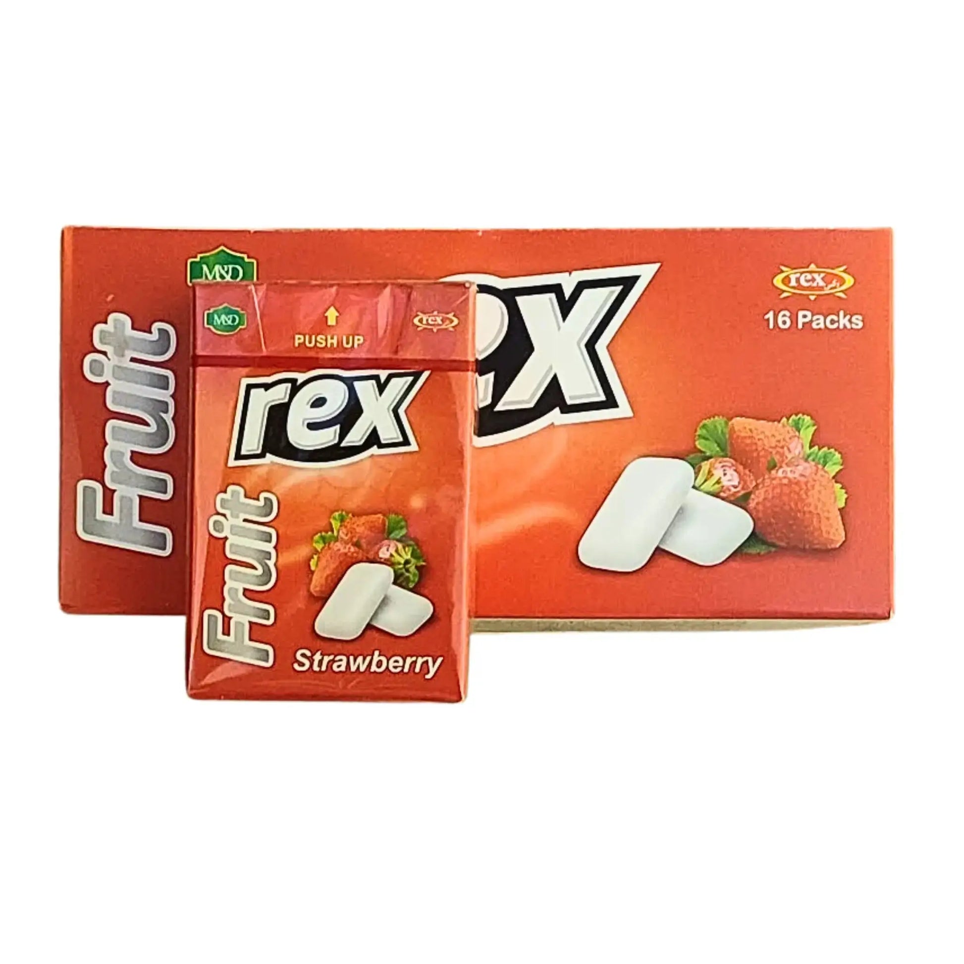 Rex tuggummi jordgubb, 16-pack, röd förpackning med jordgubbar och vita tuggummin.