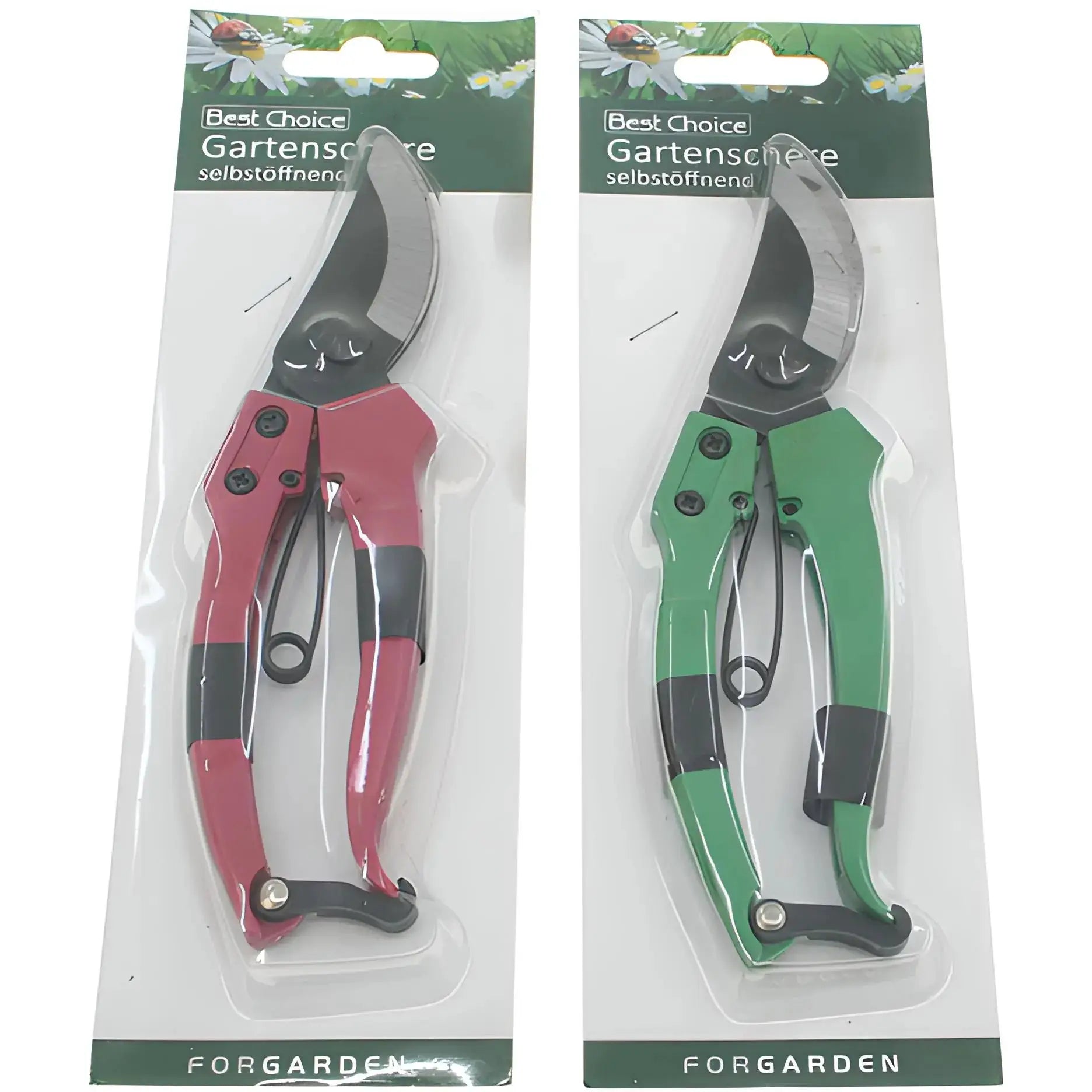 Två trädgårdssaxar i rött och grönt i förpackning, sekatör för trädgårdsarbete